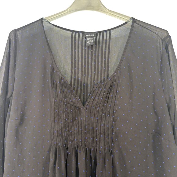 Torrid Womens Size 3 Black Sheer V-Neck Top With 3/4 Sleeves  Blue Polka Dots - Picture 2 of 5
